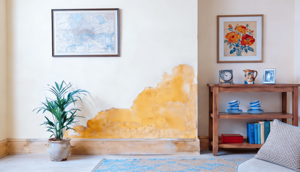 Mould stains and moisture marks on an interior wall in a Canadian home