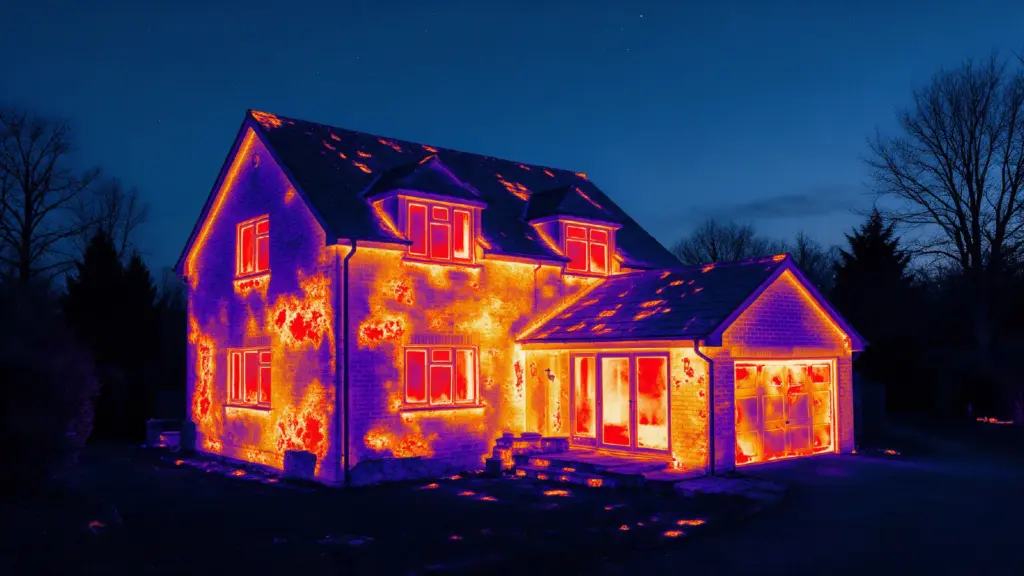 Thermal imaging infrared photo of a house showing heat loss