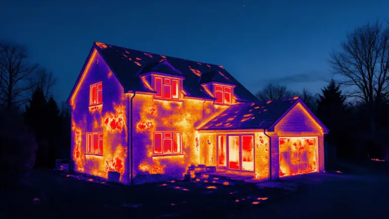 Thermal imaging infrared photo of a house showing heat loss